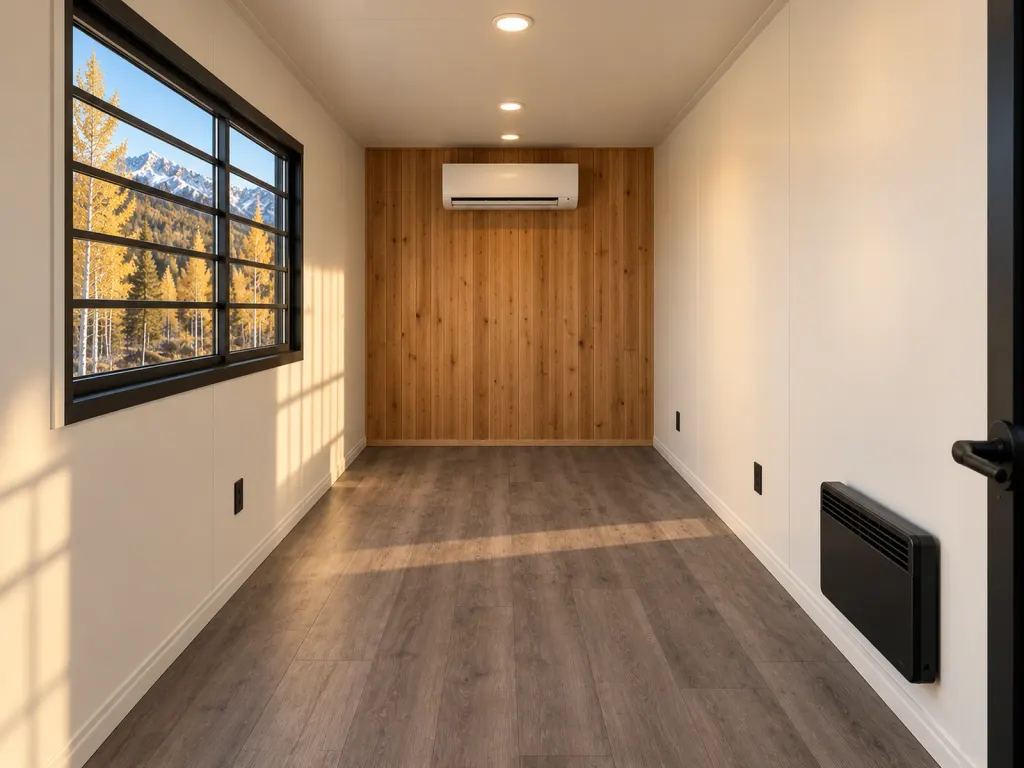 20 ft Alpine office interior with a cedar accent wall, black-framed windows, vinyl plank floor and mini-split