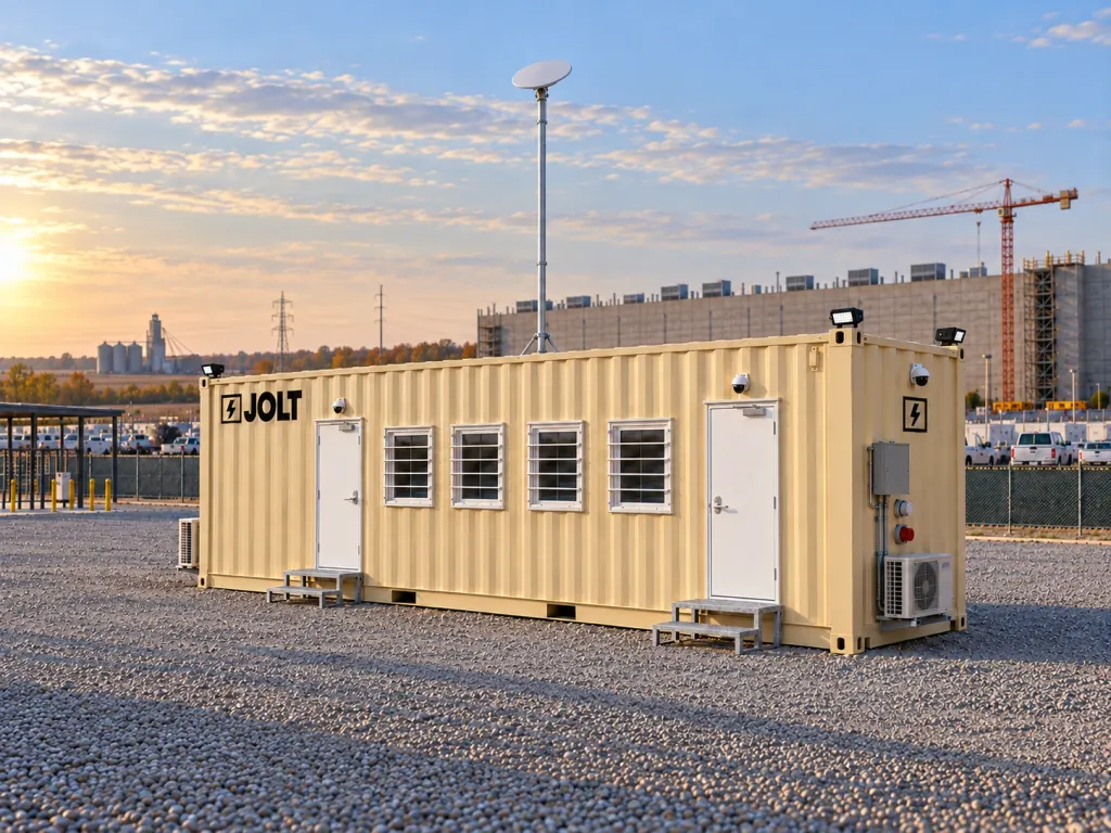 A tan JOLT Grid Command container mobile office at a data center construction site in Northern Indiana.