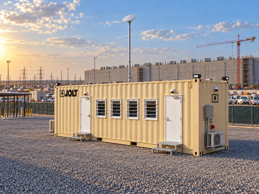 A tan JOLT Grid Command container mobile office at a data center construction site in North Texas.