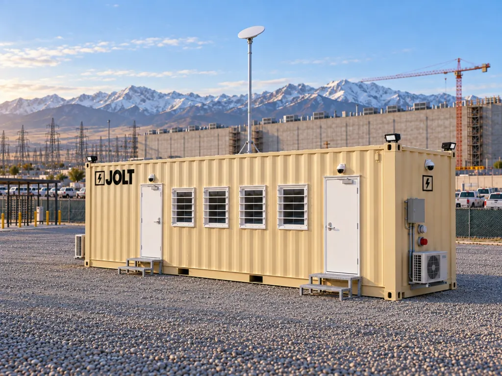 A tan JOLT Grid Command container mobile office at a data center construction site in Salt Lake Valley Utah.
