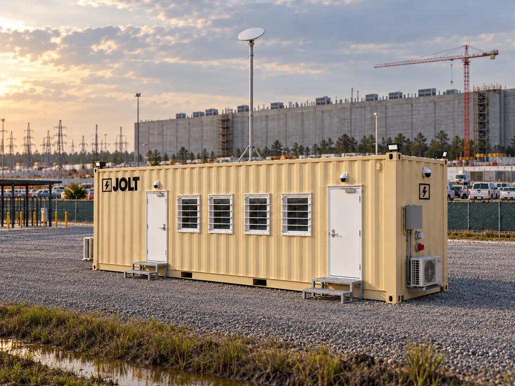 A tan JOLT Grid Command container mobile office at a data center construction site in Northeast Louisiana.