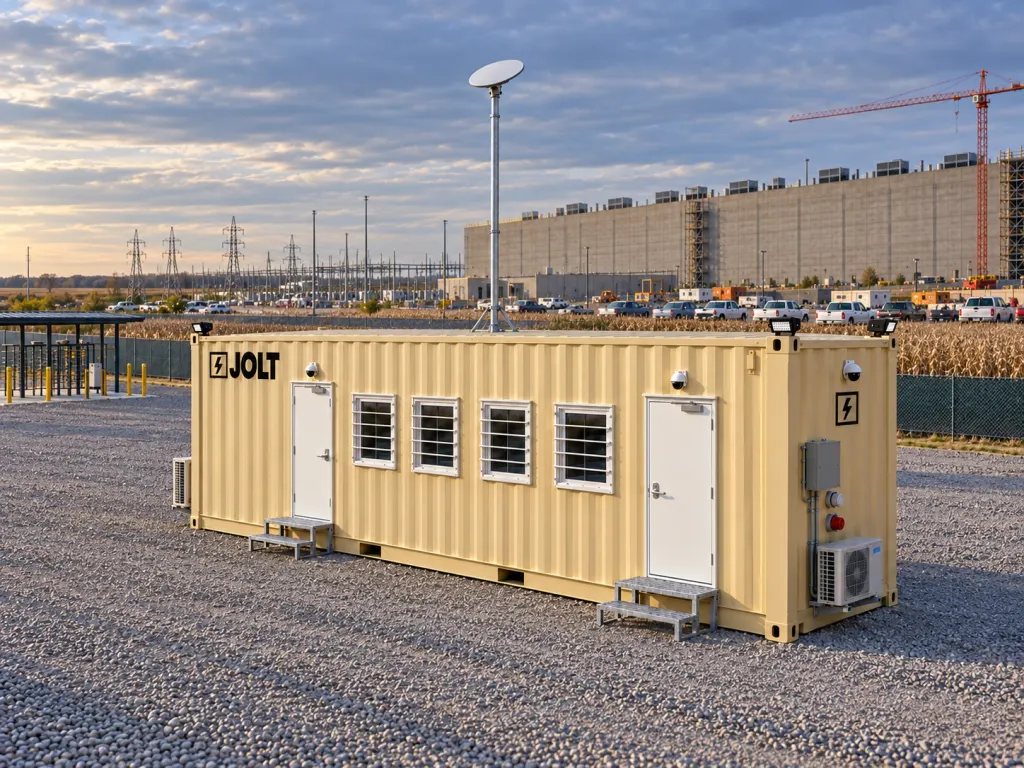 A tan JOLT Grid Command container mobile office at a data center construction site in Central Ohio.