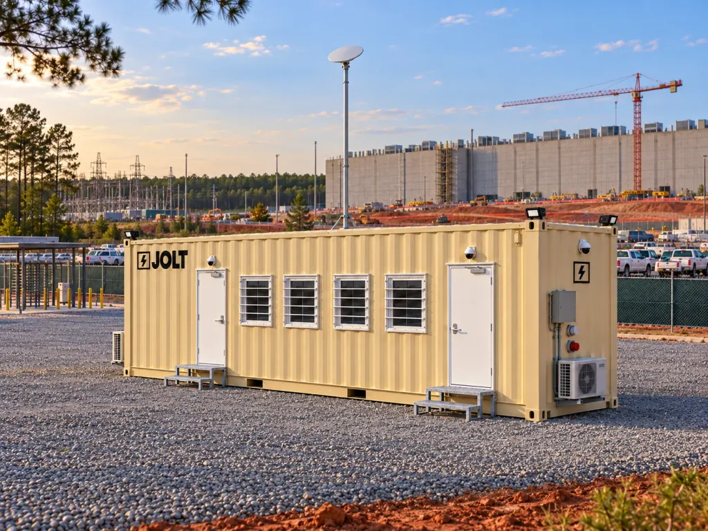 A tan JOLT Grid Command container mobile office at a data center construction site in Atlanta Georgia.