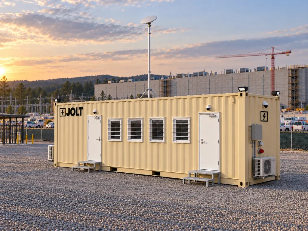 A tan JOLT Grid Command container mobile office at a data center construction site in Charlotte North Carolina.