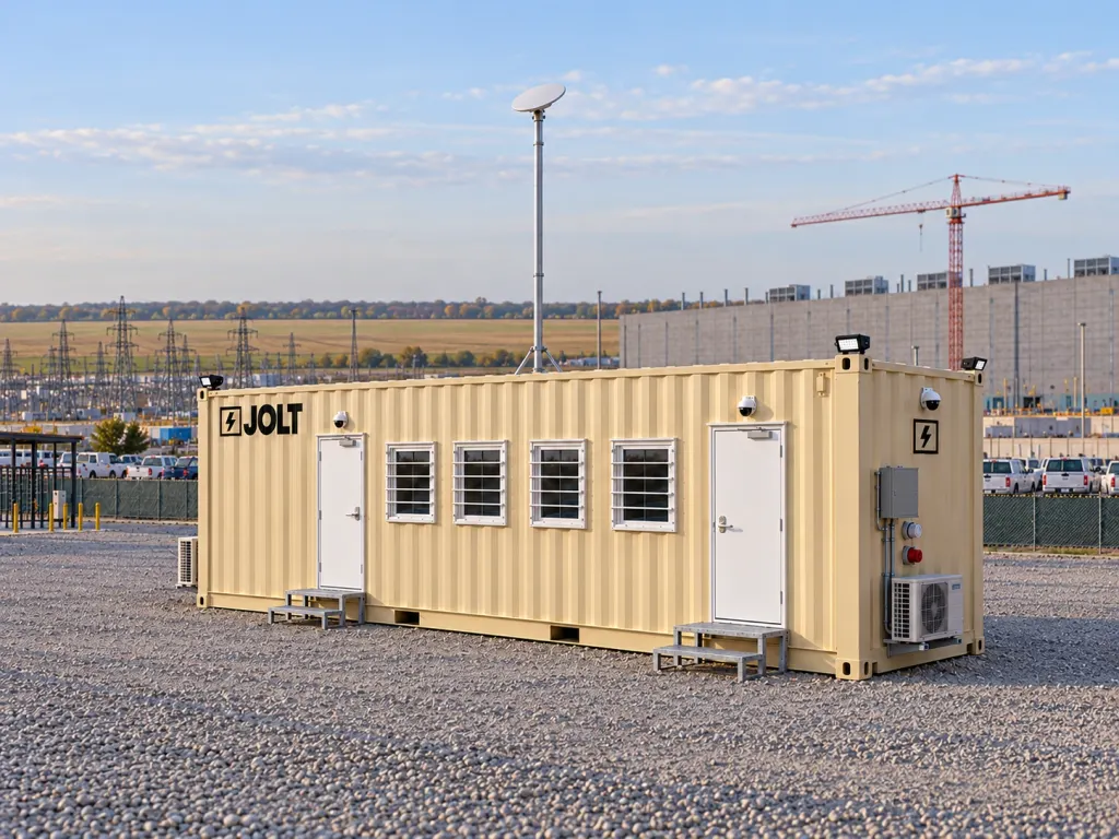A tan JOLT Grid Command container mobile office at a data center construction site in Chicago Collar Counties Illinois.