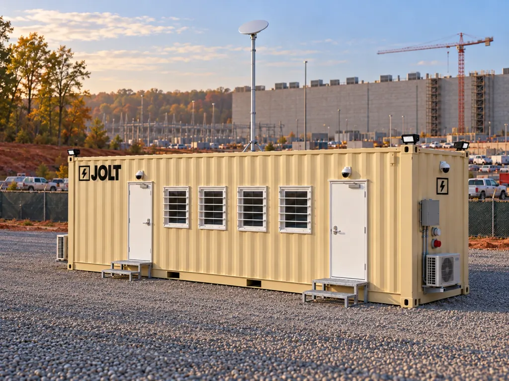A tan JOLT Grid Command container mobile office at a data center construction site in Northern Virginia.