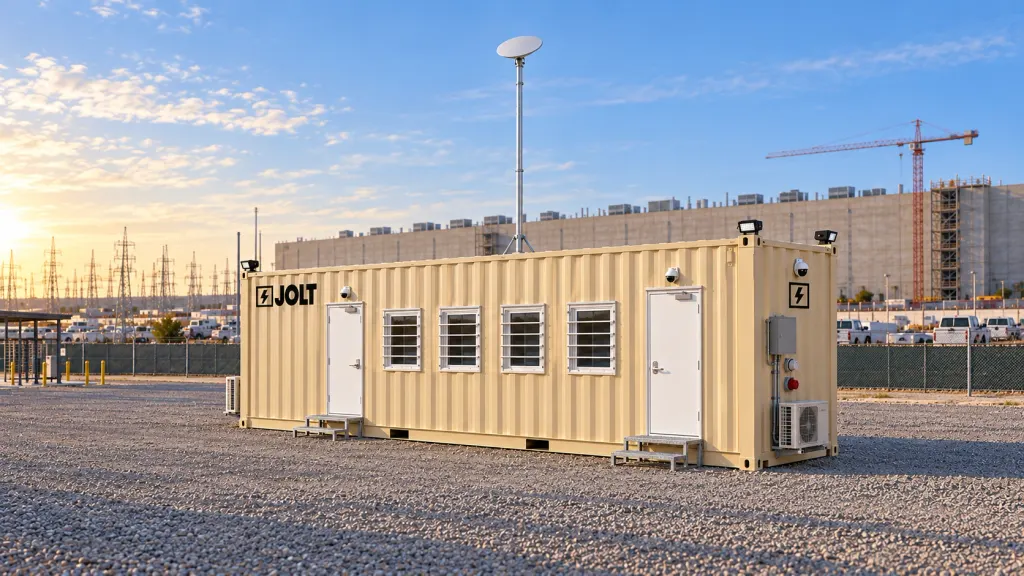 The Grid Command, a tan 40 ft container site office with a Starlink mast and corner cameras, on a gravel pad in front of a hyperscale data center under construction.