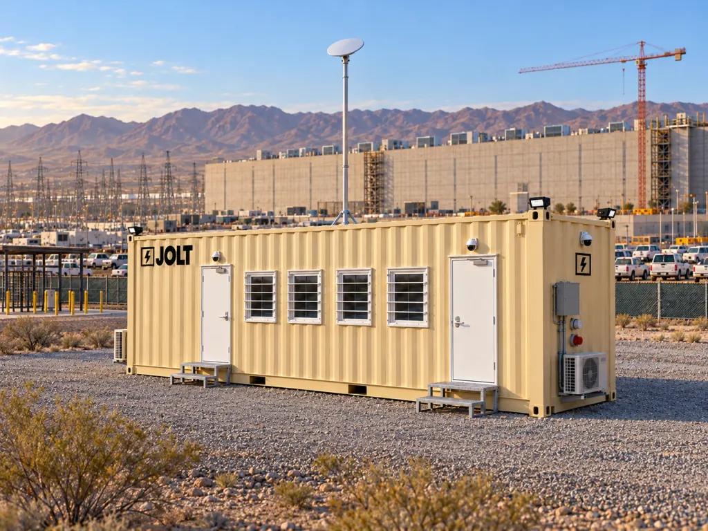A tan JOLT Grid Command container mobile office at a data center construction site in Phoenix West Valley Arizona.