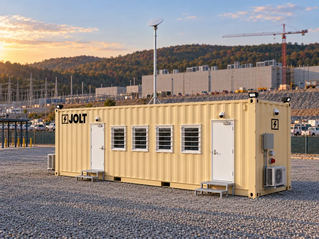 A tan JOLT Grid Command container mobile office at a data center construction site in Western Pennsylvania.