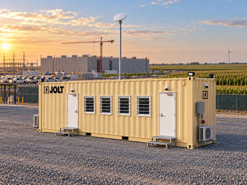A tan JOLT Grid Command container mobile office at a data center construction site in Western Iowa.