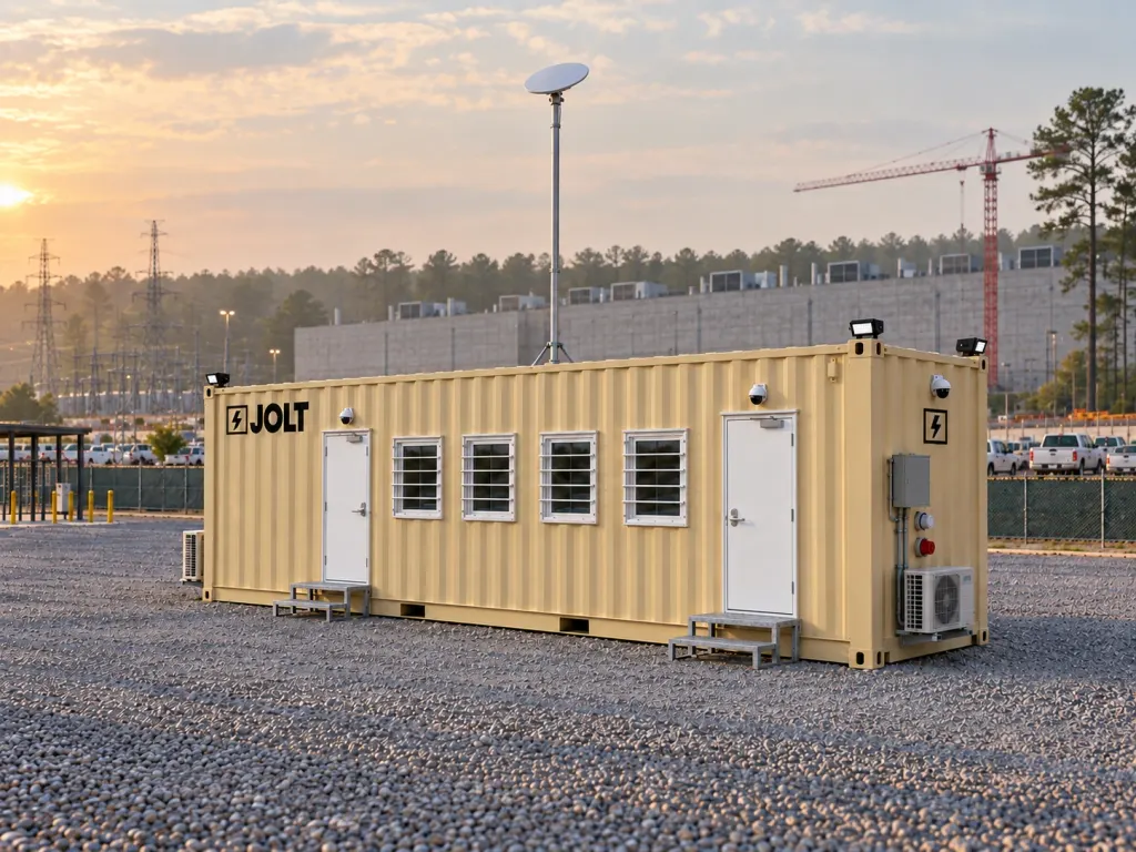 A tan JOLT Grid Command container mobile office at a data center construction site in Central Mississippi.