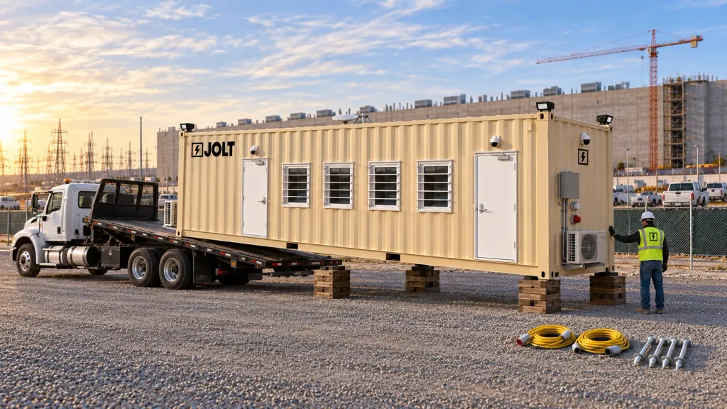 A tilt-bed truck sets a Grid Command container site office onto cribbing at a data center construction site while a JOLT technician guides it.