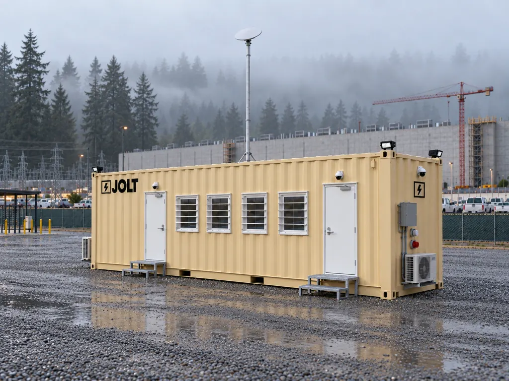 A tan JOLT Grid Command container mobile office at a data center construction site in Hillsboro Oregon.