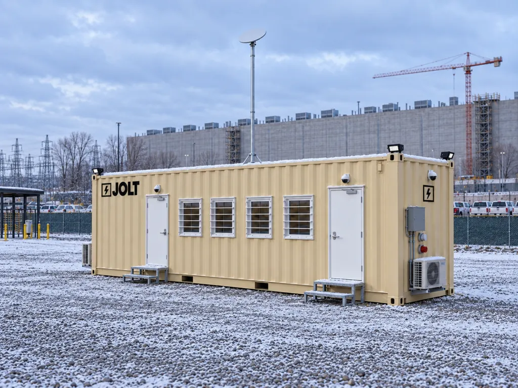 A tan JOLT Grid Command container mobile office at a data center construction site in Southeast Wisconsin.