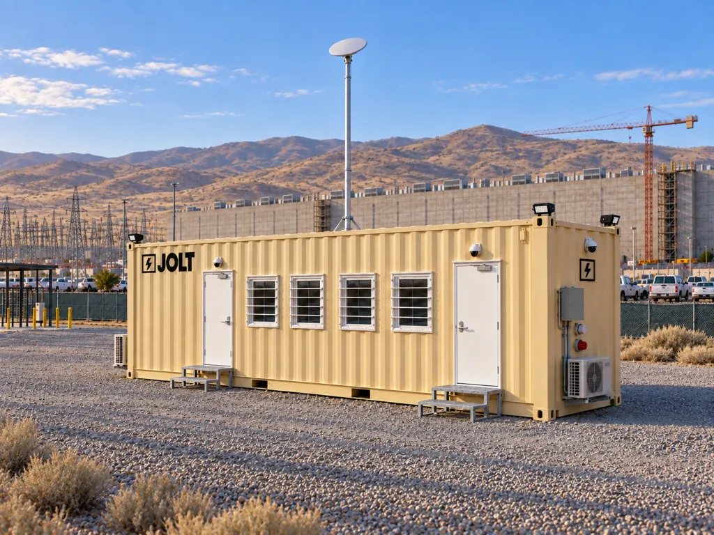 A tan JOLT Grid Command container mobile office at a data center construction site in Reno Sparks Nevada.