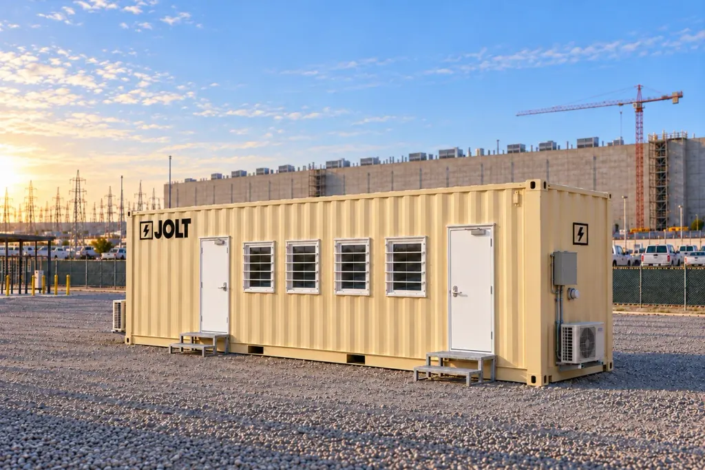 Grid Core 40 ft container site office, tan, with two doors and four grated windows.