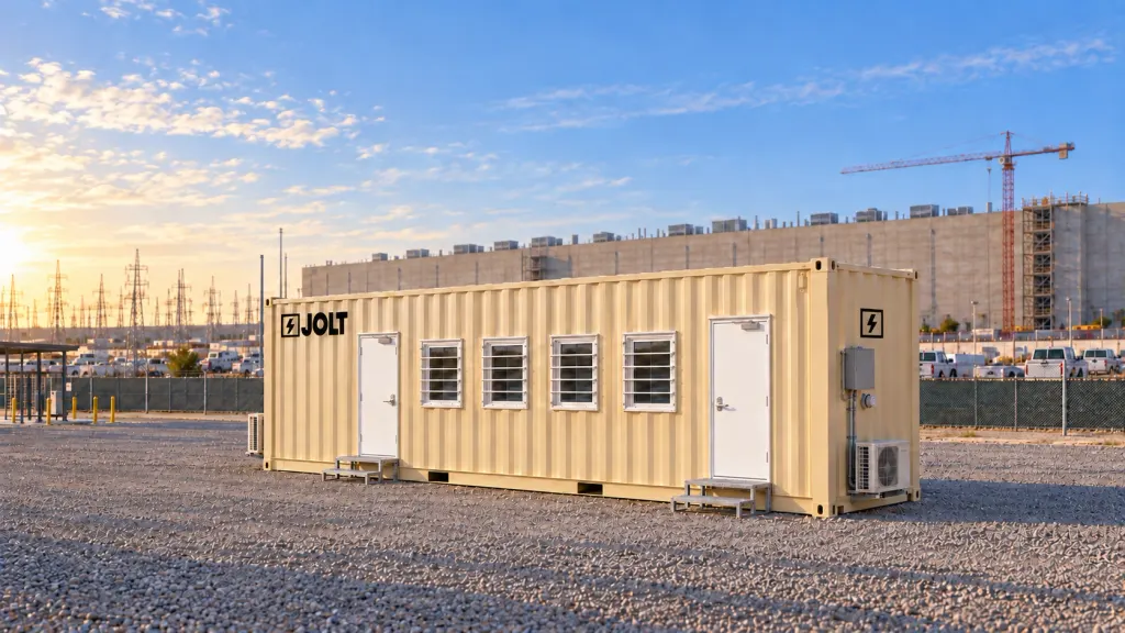 The Grid Core, a tan 40 ft container site office with two doors and four grated windows, on a gravel pad at a data center construction site.