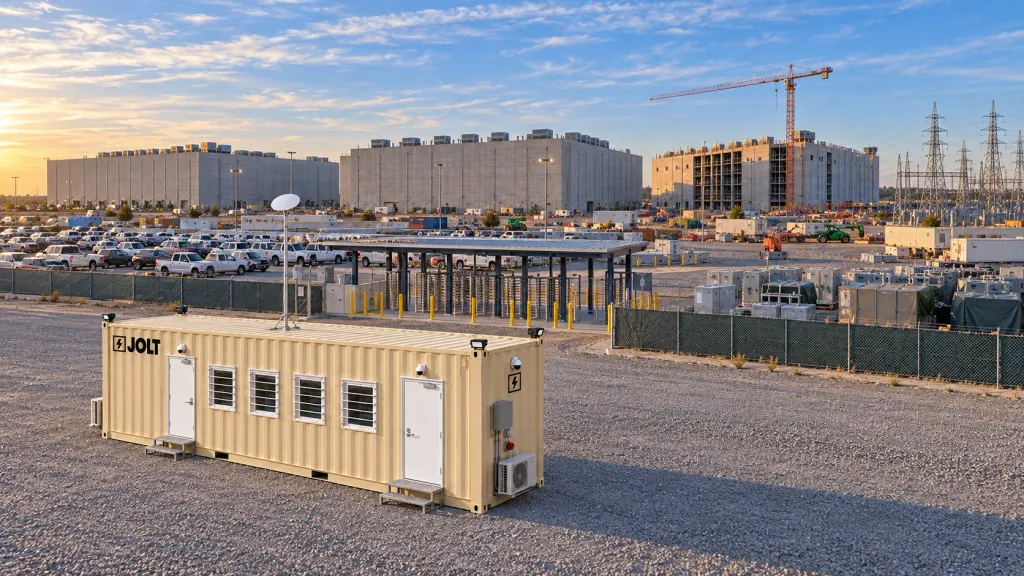 A Grid Command container site office in the foreground of a hyperscale data center campus with two finished buildings, one under construction, a tower crane and a substation.