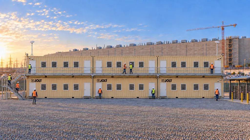 A Grid Campus of six tan 40 ft container site offices stacked two high with a stair tower, beside the badging gate of a data center construction site.