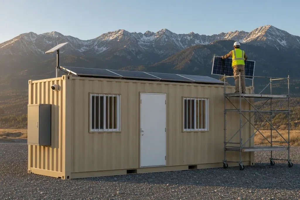 A tan 20 ft JOLT office container being fitted out on the gravel yard at golden hour: a technician on a rolling scaffold sets the last black solar panel on its roof beside a Starlink dish and a security camera, with a grey battery cabinet on the end wall and the Gore Range behind