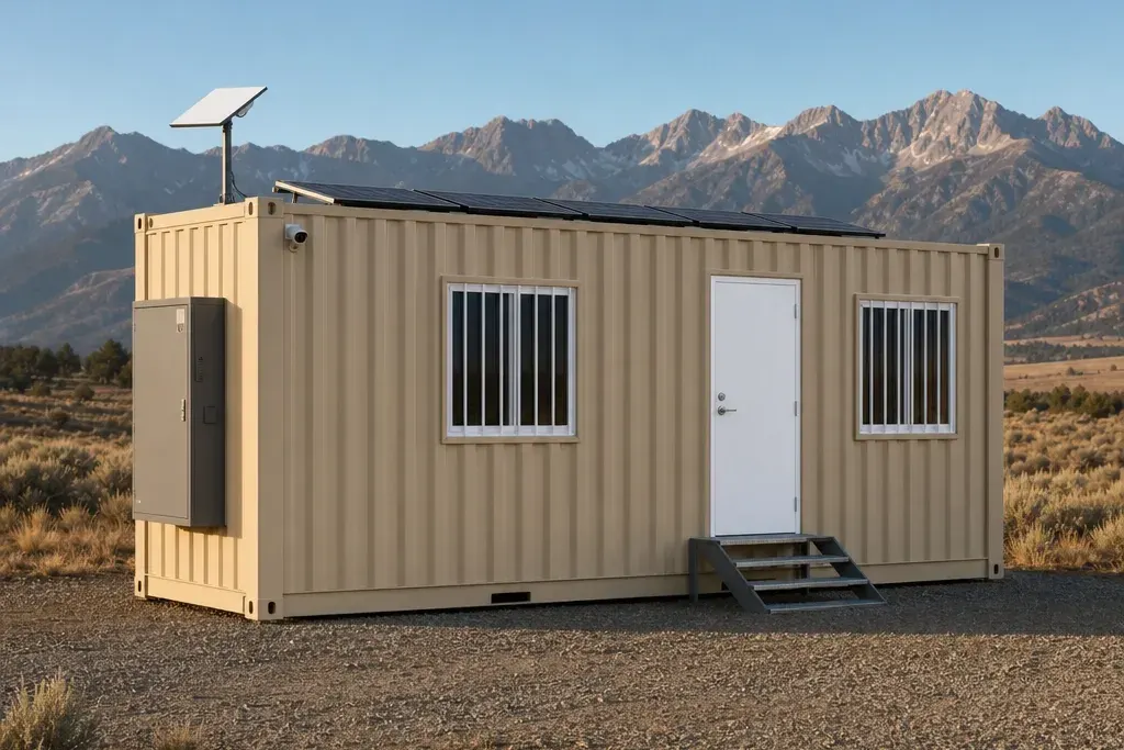 A tan Grid-Free 20 ft office container standing alone on a gravel pad in a high mountain meadow at golden hour, black solar panels on the roof, a Starlink dish and a camera at one corner, a battery cabinet on the end wall, no power pole or cable anywhere, the Gore Range behind