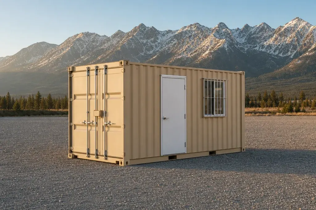 Tan 12 ft storage container with a man door and barred window