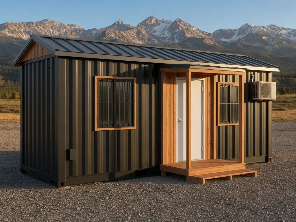 Matte black 20 ft Alpine office container with cedar surrounds, a standing-seam over-roof and a covered cedar entry deck, on a gravel yard with the Gore Range behind
