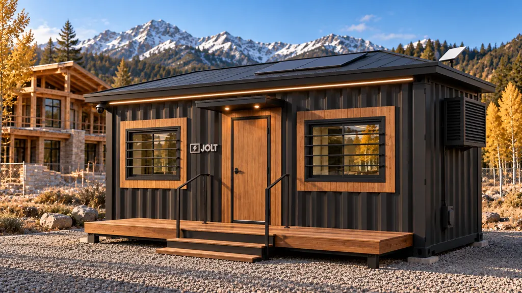 Matte black 20 ft Alpine office container with cedar entry deck at altitude