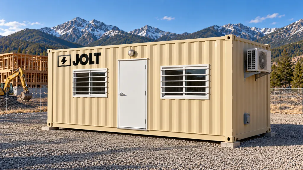 20 ft Base office container on a gravel pad with the Rocky Mountains behind