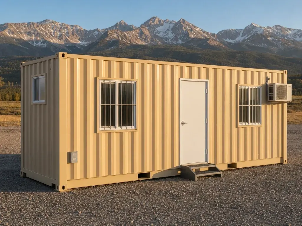 40 ft office container with bathroom, tan, with a white personnel door, three barred windows and a small frosted bathroom window, on a gravel yard with the Gore Range behind