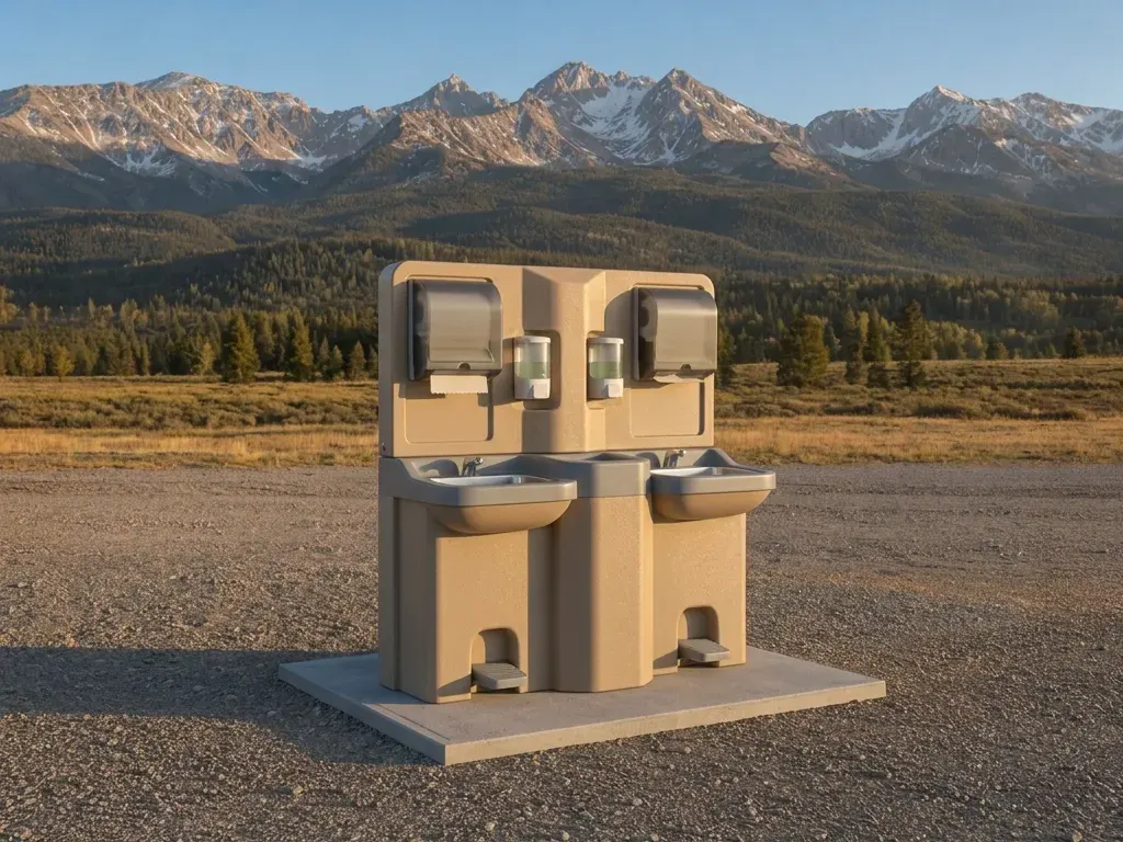 Two-sink portable hand-wash station with foot pumps and soap and towel dispensers on a concrete pad, gravel yard and the Gore Range behind