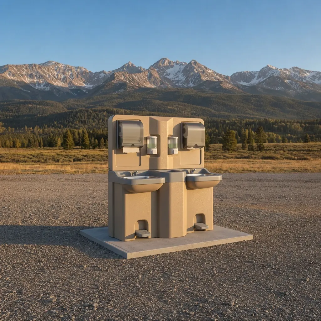 Two-sink portable hand-wash station with foot pumps and soap and towel dispensers on a concrete pad, gravel yard and the Gore Range behind