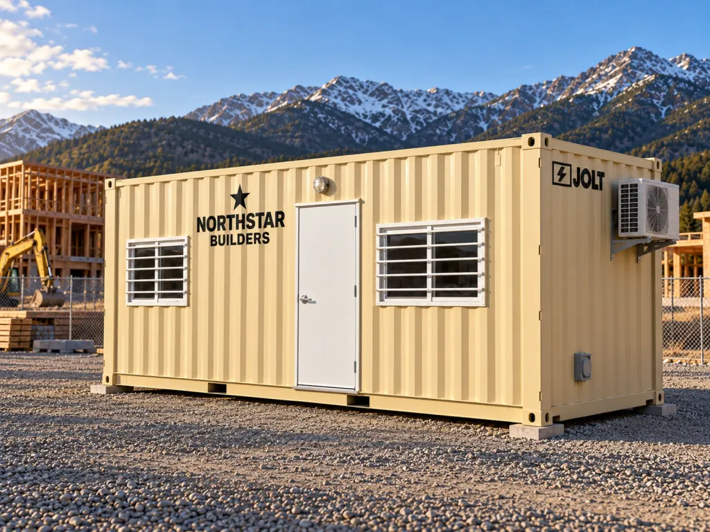 20 ft office container with a customer logo applied in vinyl beside the door: the BRAND upgrade