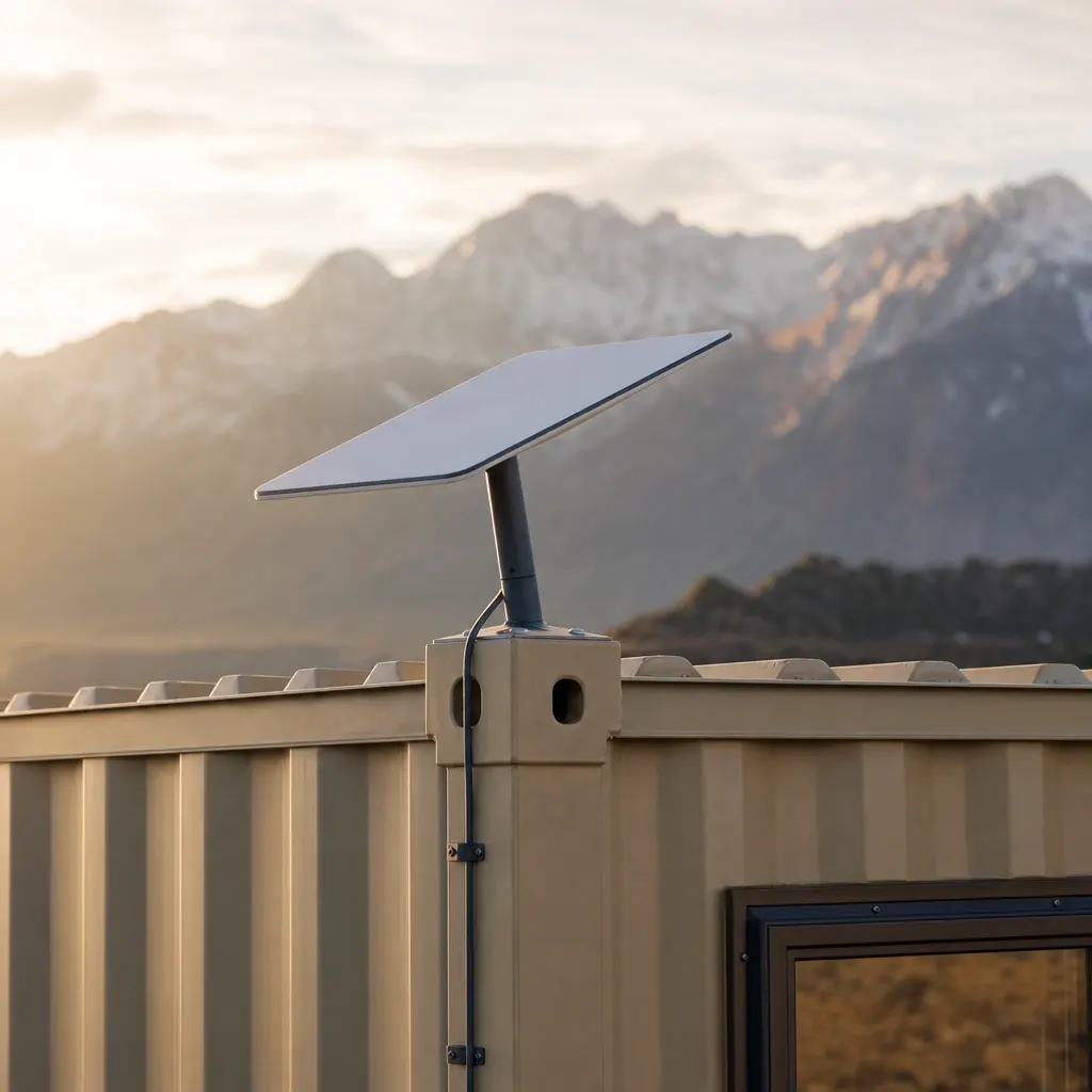 Starlink dish on a roof-edge mount of a tan container with mountains behind: the CONNECT upgrade