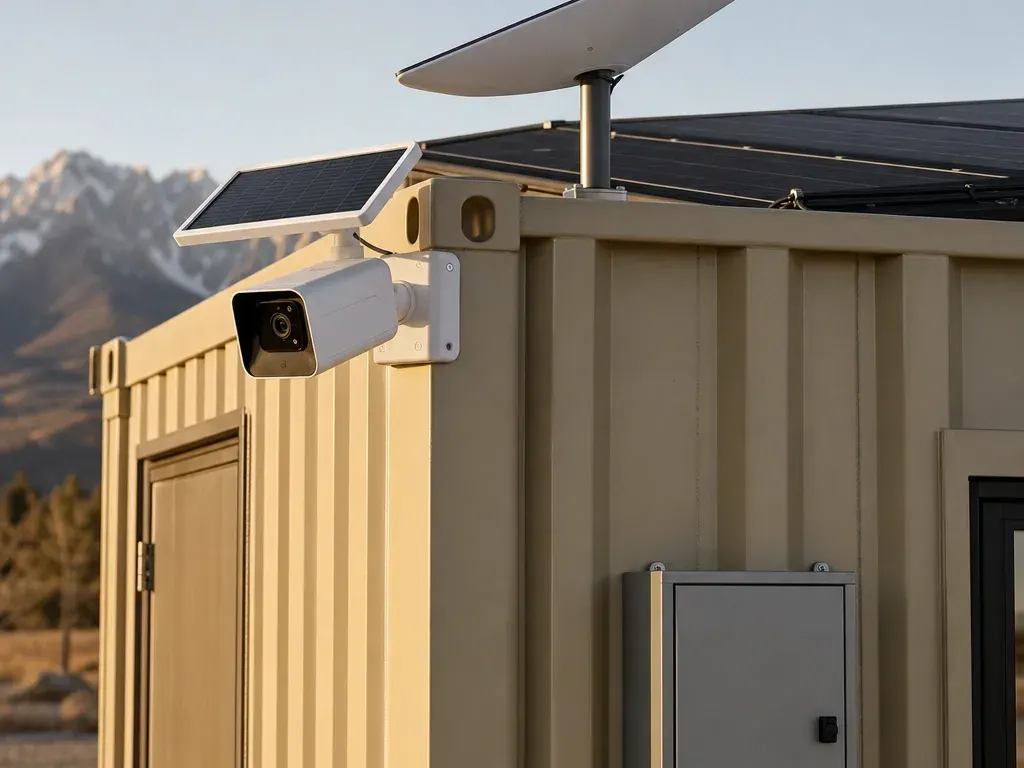 Security camera, Starlink dish and roof solar fitted together on the corner of a tan container: the JOLT Pack