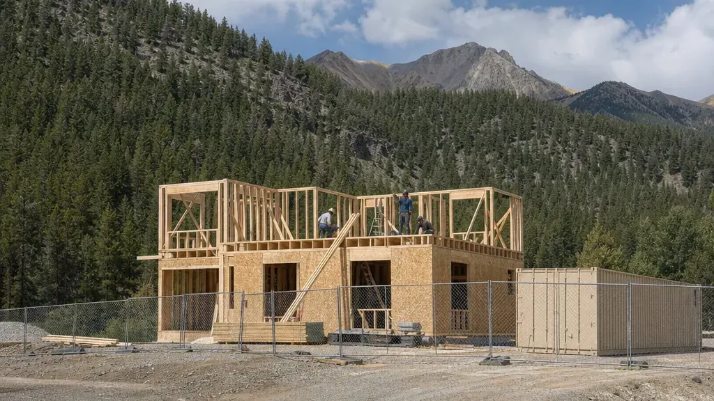 Framing crew at work on a wood-framed house with a tan office container and temporary fence behind them, mountains beyond