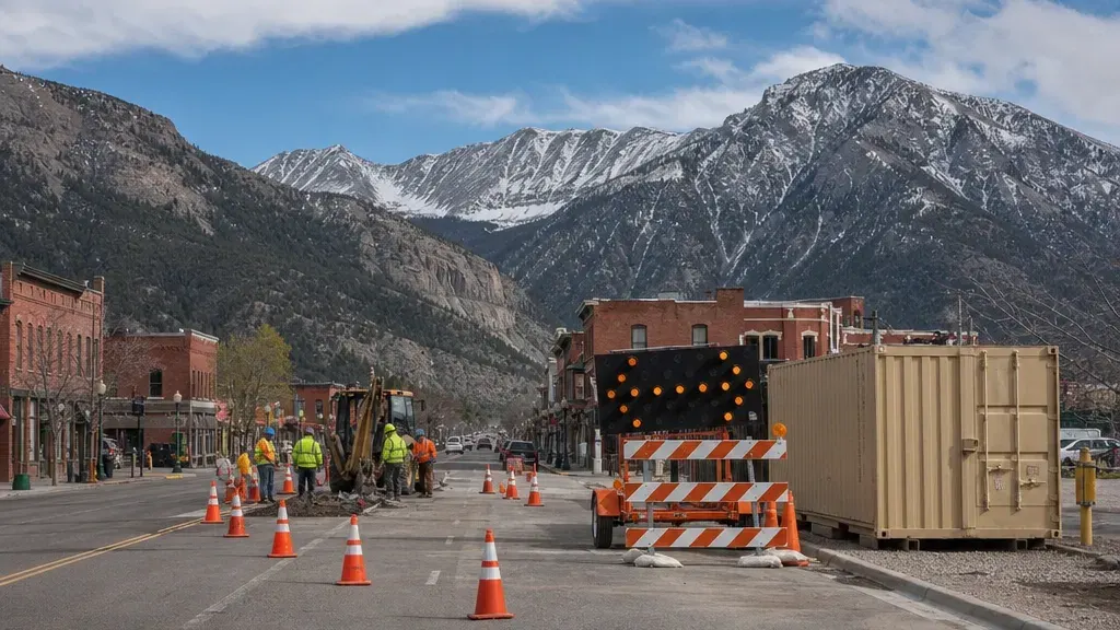 Public works crew on a mountain-town main street with a lane closure of cones, barricades and an arrow board, a storage container on the shoulder
