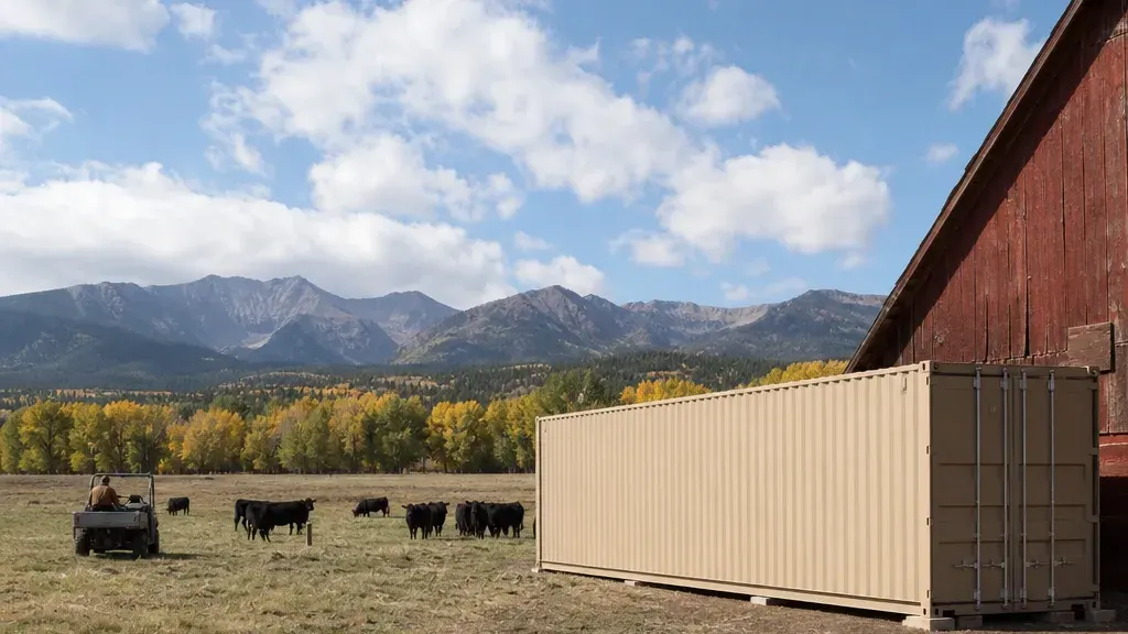 Tan 40 ft storage container beside a red barn on a Colorado ranch, cattle in the middle distance