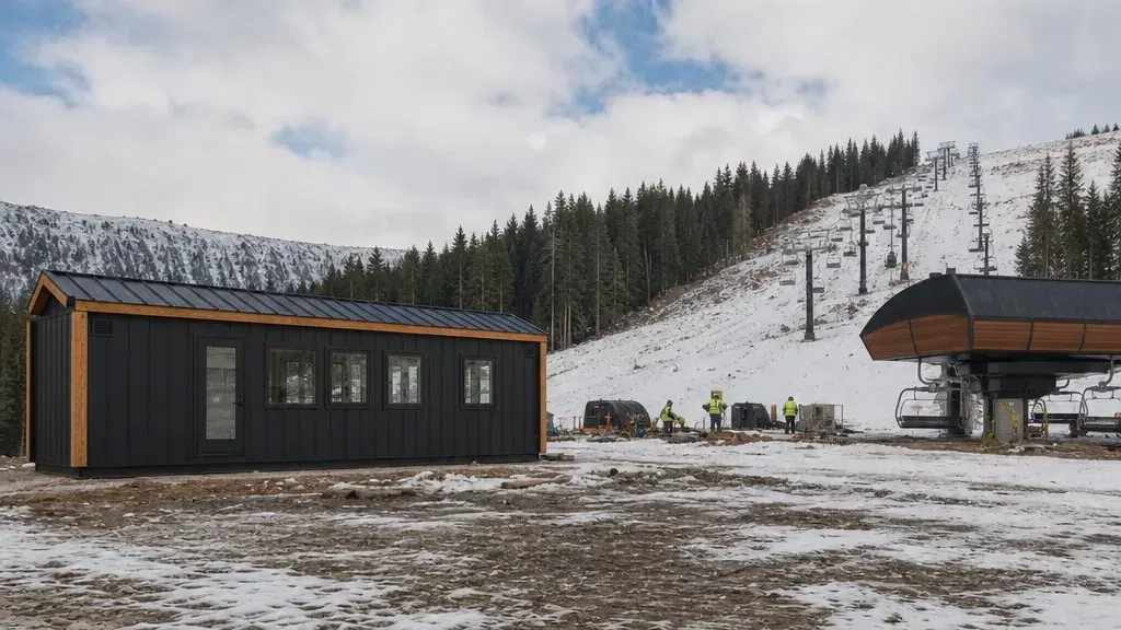 Office container on a snow-covered Colorado mountain jobsite in winter